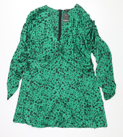 Simply Be Womens Green Floral Polyester A-Line Size 24 V-Neck Zip - Twist Detail Rouched Sleeve