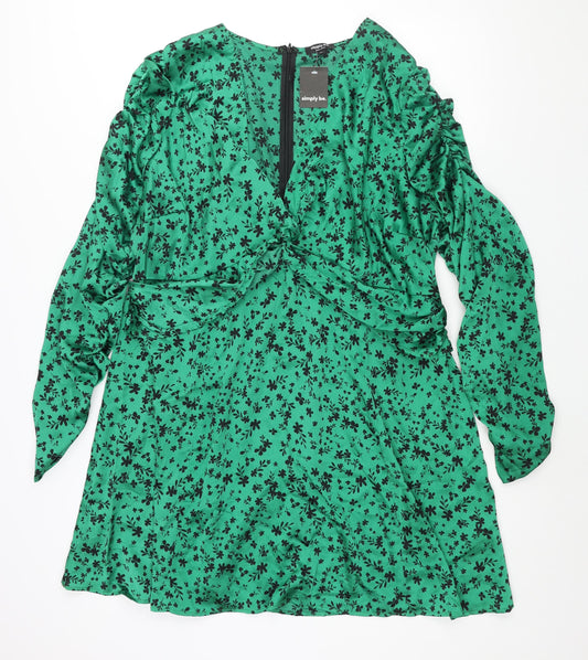 Simply Be Womens Green Floral Polyester A-Line Size 24 V-Neck Zip - Twist Detail Rouched Sleeve