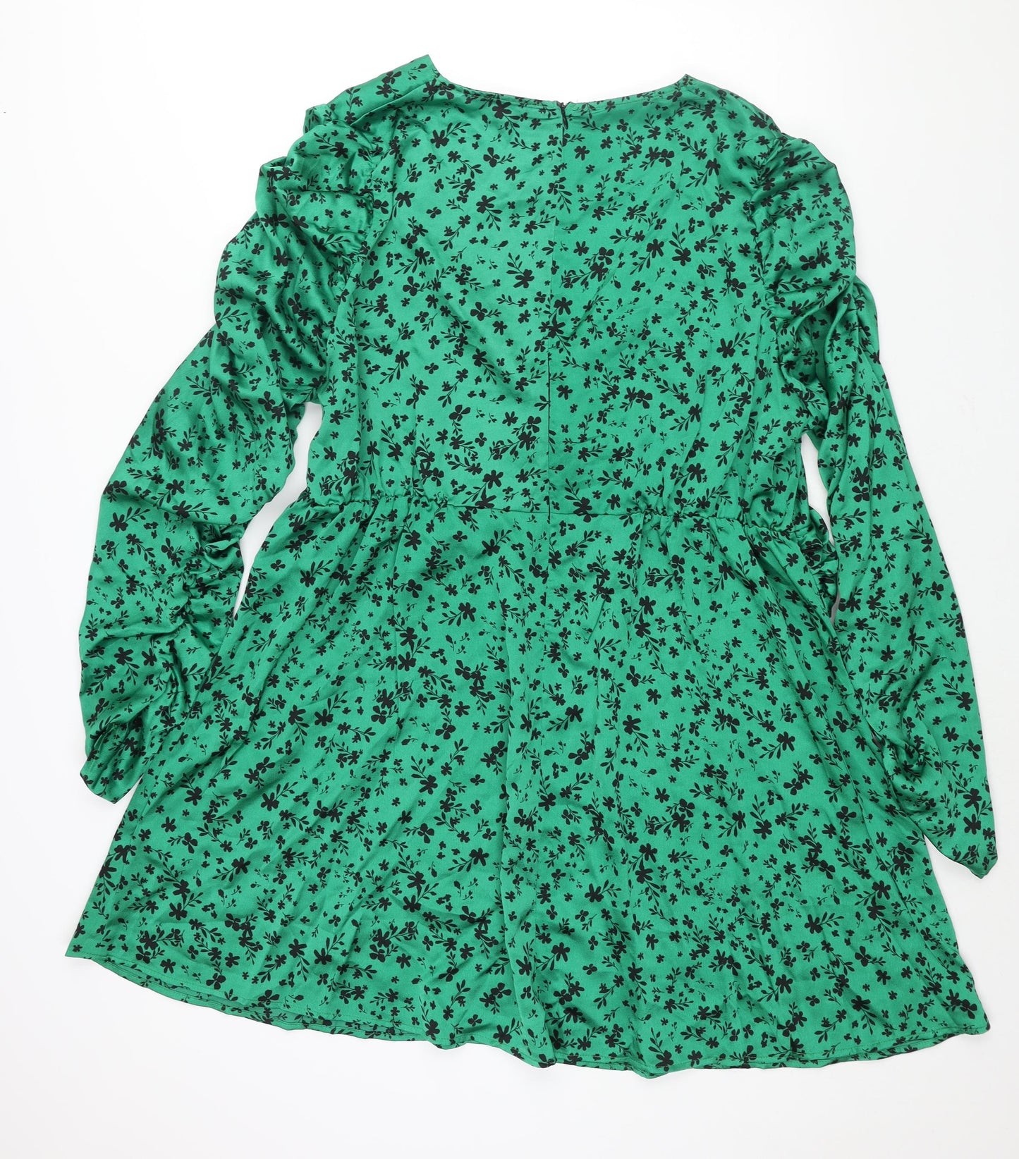 Simply Be Womens Green Floral Polyester A-Line Size 24 V-Neck Zip - Twist Detail Rouched Sleeve
