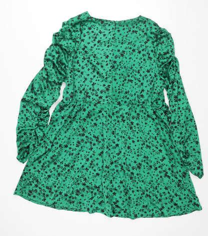 Simply Be Womens Green Floral Polyester A-Line Size 24 V-Neck Zip - Twist Detail Rouched Sleeve