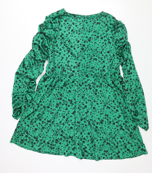 Simply Be Womens Green Floral Polyester A-Line Size 24 V-Neck Zip - Twist Detail Rouched Sleeve