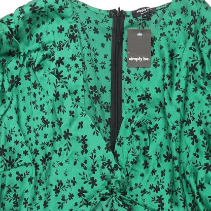 Simply Be Womens Green Floral Polyester A-Line Size 24 V-Neck Zip - Twist Detail Rouched Sleeve