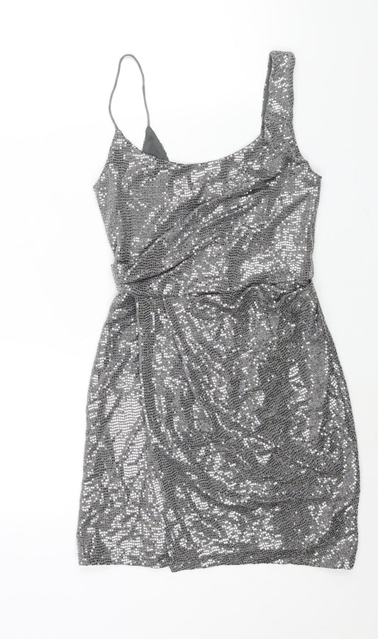 Topshop Womens Silver Nylon Mini Size 6 Scoop Neck Zip - Wrap Style Sequin