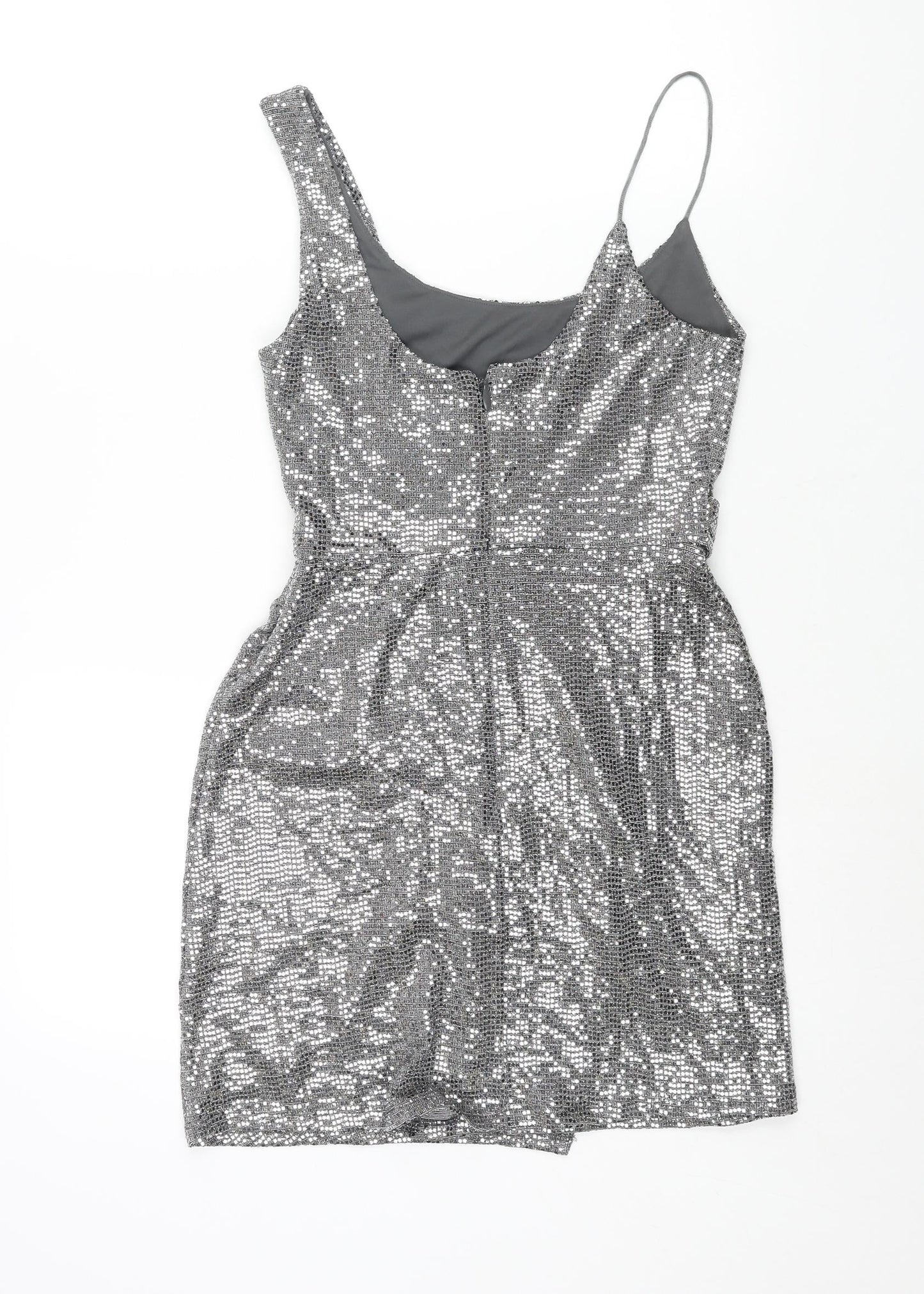 Topshop Womens Silver Nylon Mini Size 6 Scoop Neck Zip - Wrap Style Sequin
