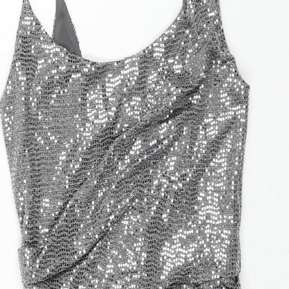 Topshop Womens Silver Nylon Mini Size 6 Scoop Neck Zip - Wrap Style Sequin