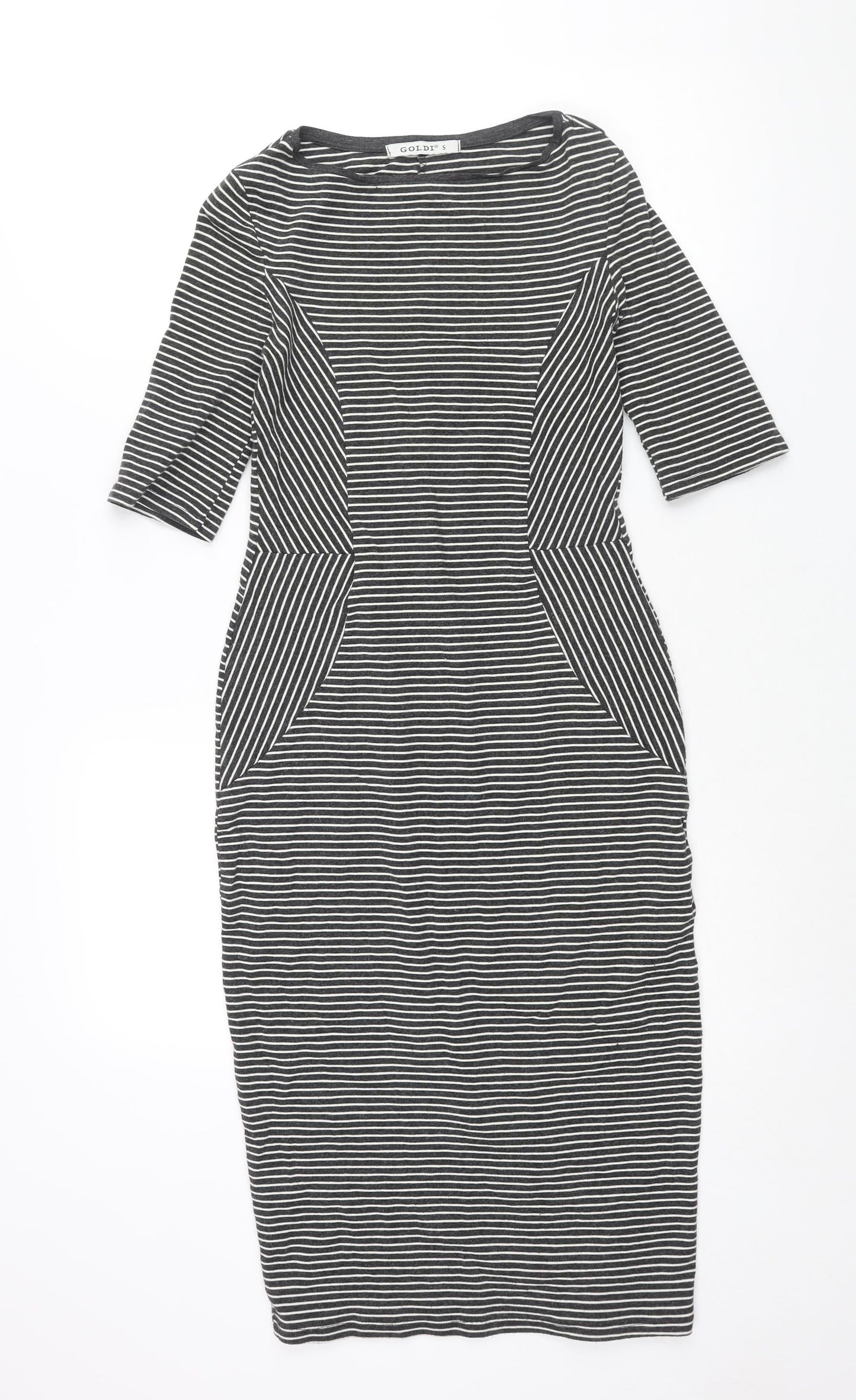 Goldi Womens Grey Striped Polyester Pencil Dress Size S Round Neck Pullover