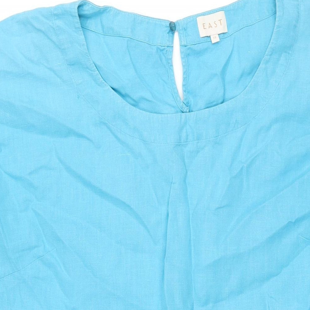 EAST Womens Blue Linen Shift Size 14 Round Neck Button