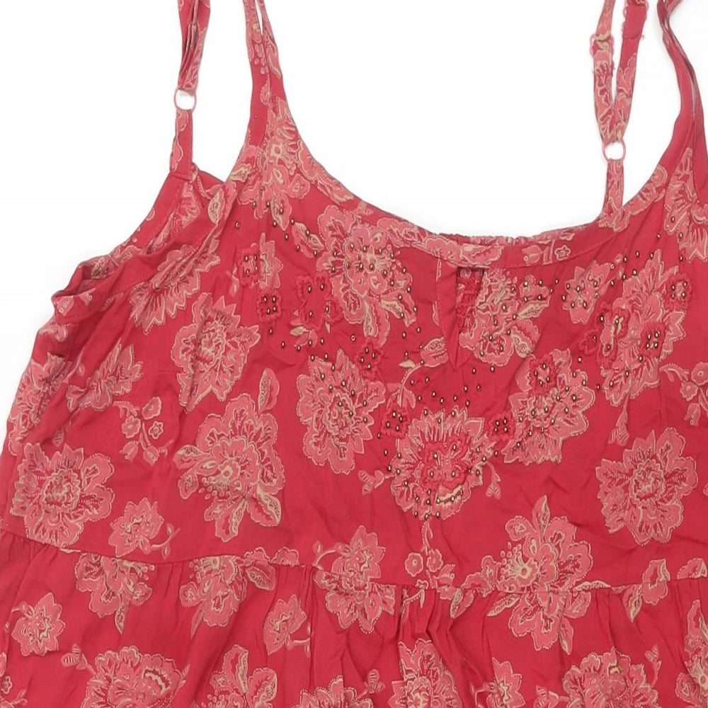 Indigo Womens Red Geometric Modal Shift Size 16 Scoop Neck Pullover - Lace Hem Smocked