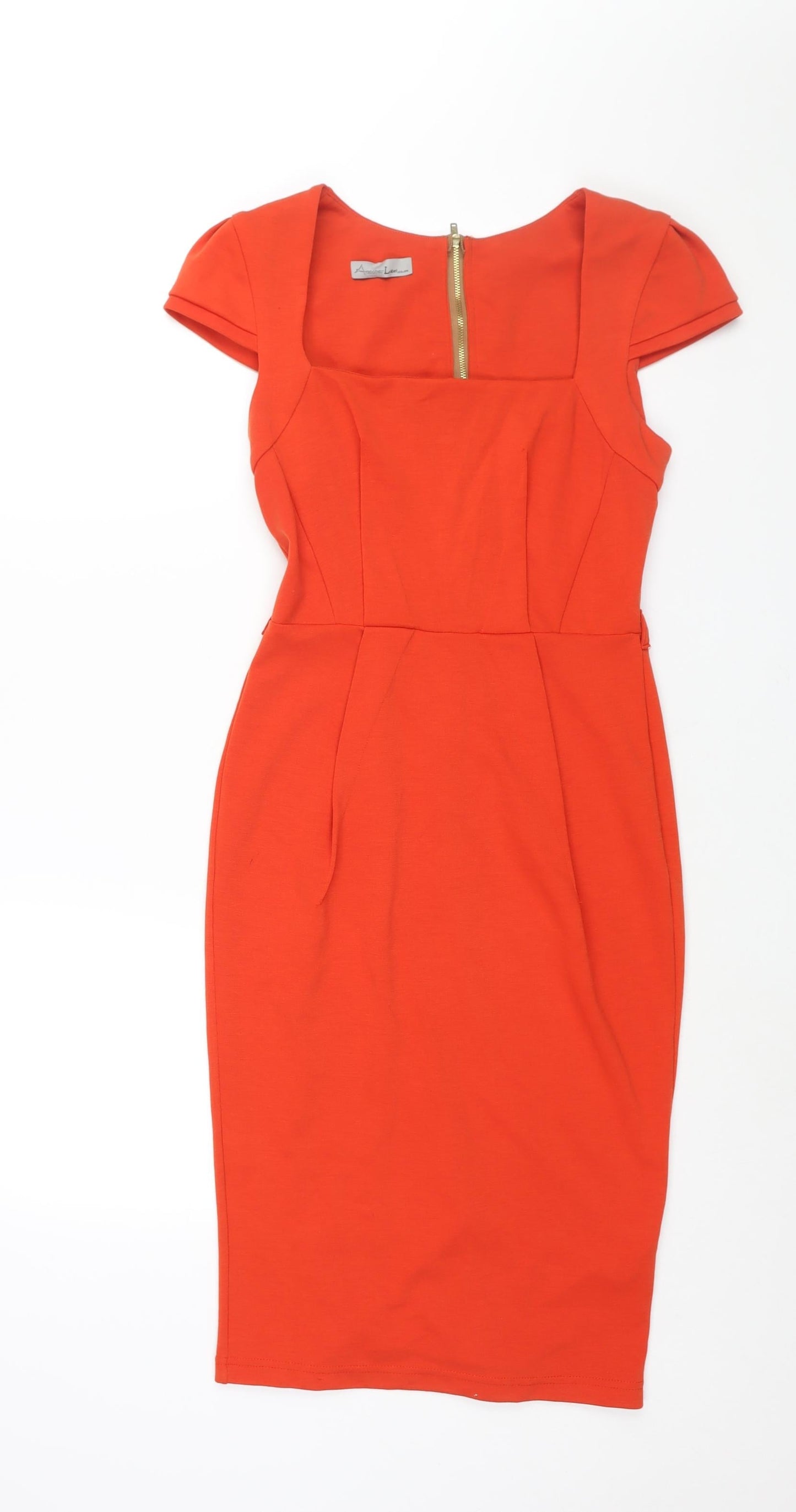 Another Label Womens Orange Polyester Pencil Dress Size 8 Square Neck Zip - Vented