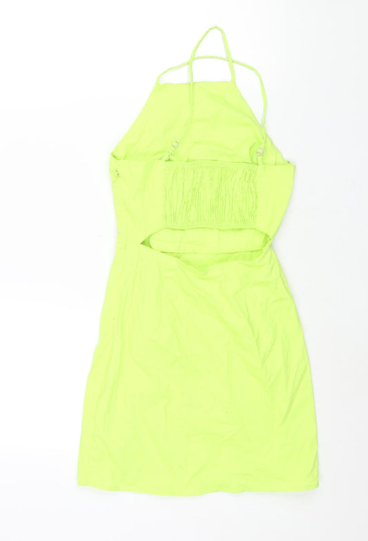 Bershka Womens Green Polyester Mini Size XS Square Neck Zip - Back Cut Out Front Slit Neon