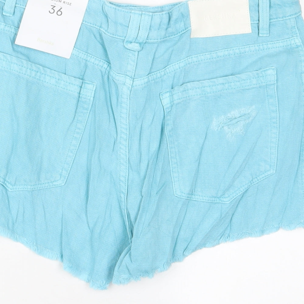 Bershka Womens Blue Cotton Basic Shorts Size 8 L3 in Regular Zip