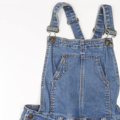 TU Womens Blue Cotton Pinafore/Dungaree Dress Size 10 Square Neck Button
