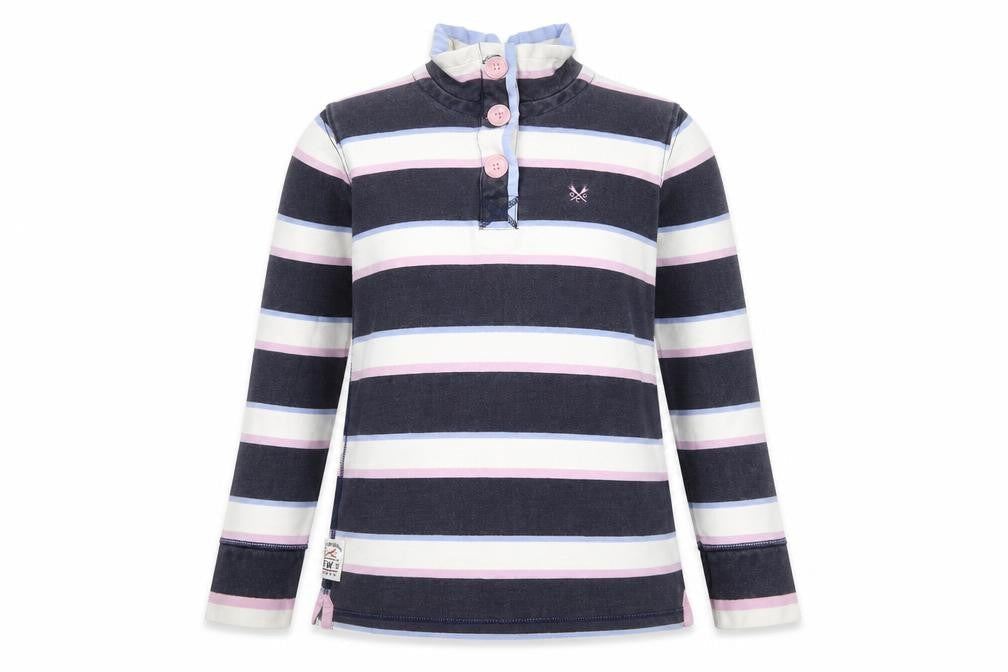 Front view of Crew Clothing Multicoloured Striped Cotton Pullover Sweatshirt, size 8, Button - Embroidered