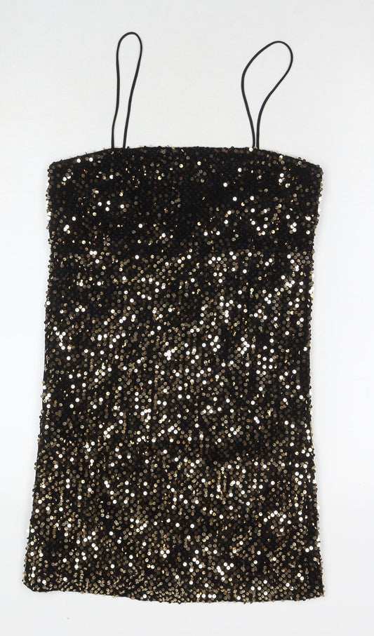 Motel Womens Black Polyester Mini Size S Square Neck Zip - Sequin Detail