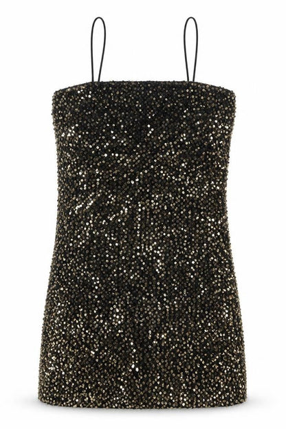 Motel Womens Black Polyester Mini Size S Square Neck Zip - Sequin Detail
