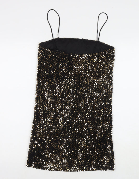 Motel Womens Black Polyester Mini Size S Square Neck Zip - Sequin Detail