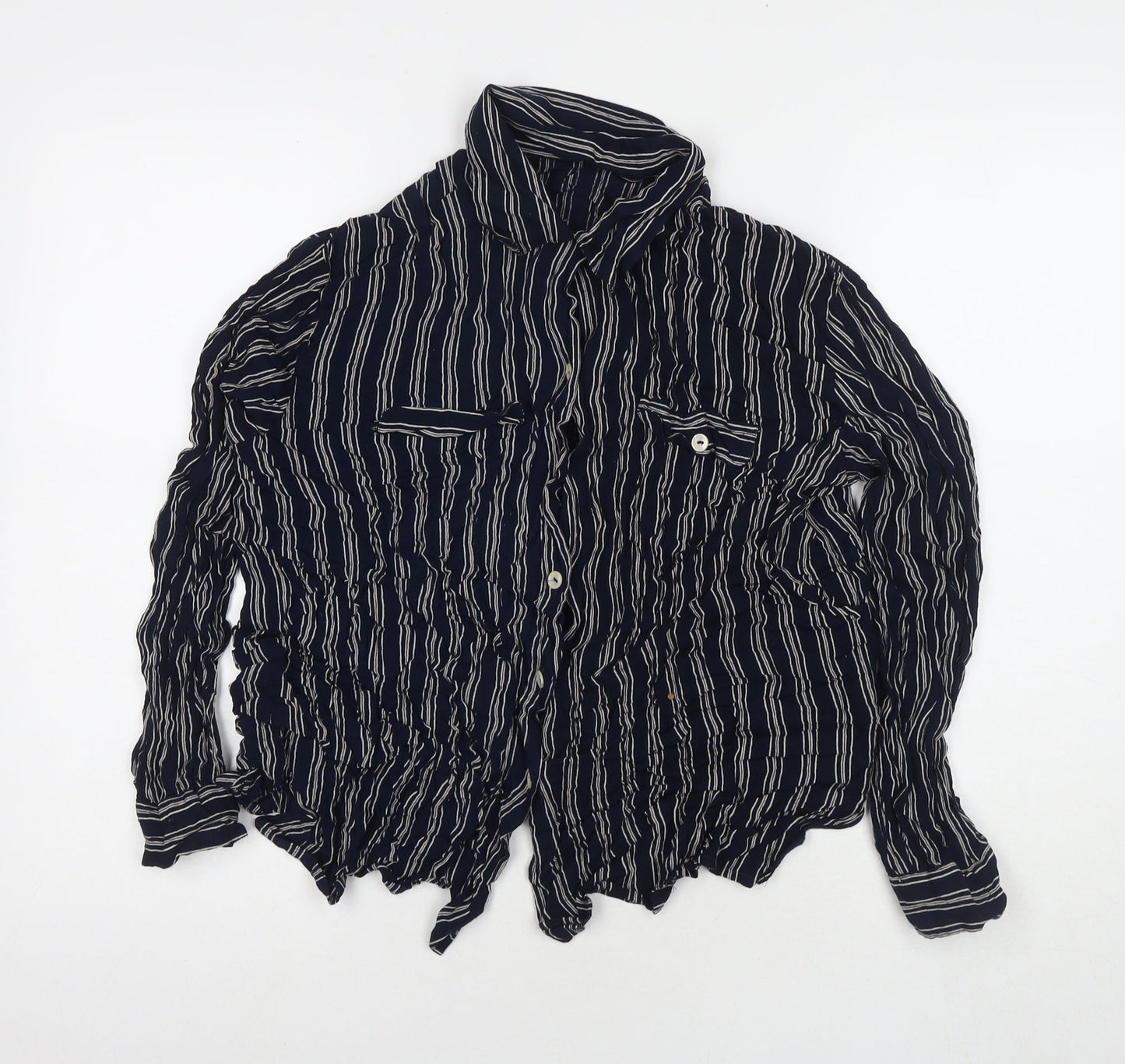 Made in U.K. Womens Blue Striped Viscose Basic Button-Up Size 16 Collared
