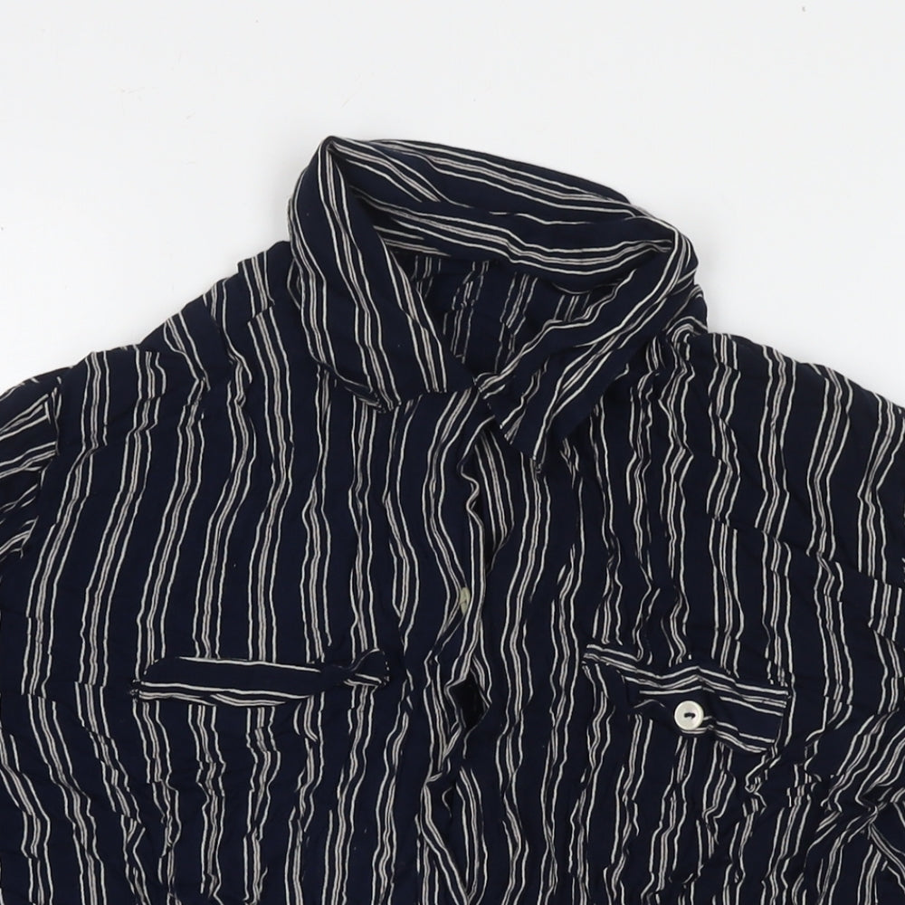 Made in U.K. Womens Blue Striped Viscose Basic Button-Up Size 16 Collared