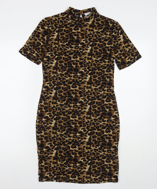 Blue Vanilla Womens Beige Animal Print Polyester Bodycon Size 8 Round Neck Button - Leopard Print