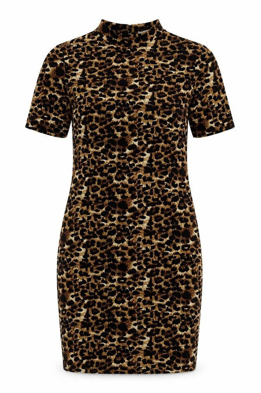 Blue Vanilla Womens Beige Animal Print Polyester Bodycon Size 8 Round Neck Button - Leopard Print