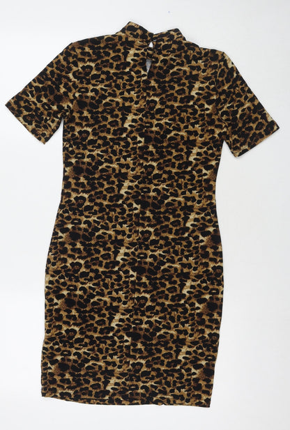 Blue Vanilla Womens Beige Animal Print Polyester Bodycon Size 8 Round Neck Button - Leopard Print