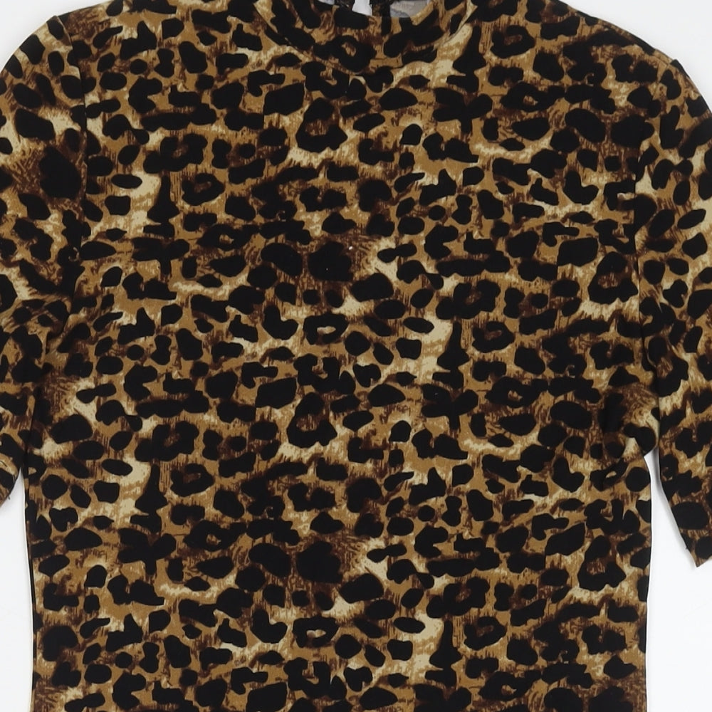 Blue Vanilla Womens Beige Animal Print Polyester Bodycon Size 8 Round Neck Button - Leopard Print