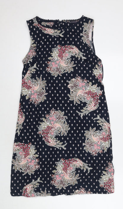 Marks and Spencer Womens Blue Floral Linen A-Line Size 10 Round Neck Zip