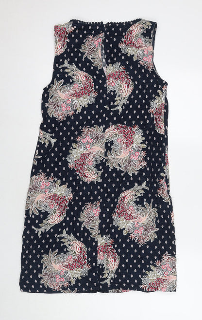 Marks and Spencer Womens Blue Floral Linen A-Line Size 10 Round Neck Zip