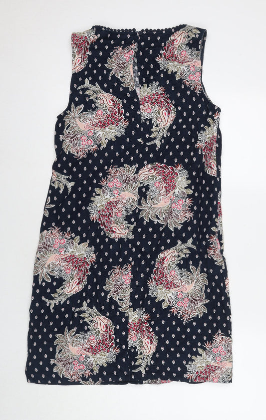 Marks and Spencer Womens Blue Floral Linen A-Line Size 10 Round Neck Zip