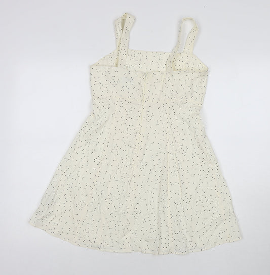 Topshop Womens White Polka Dot Cotton Mini Size 10 Square Neck Zip