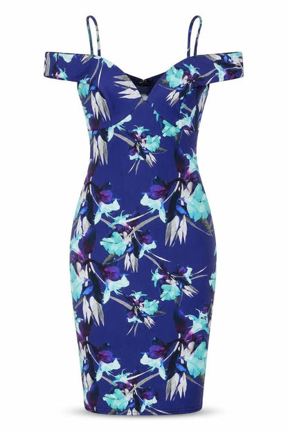 Quiz Womens Blue Floral Polyester Bodycon Size 10 Off the Shoulder Pullover