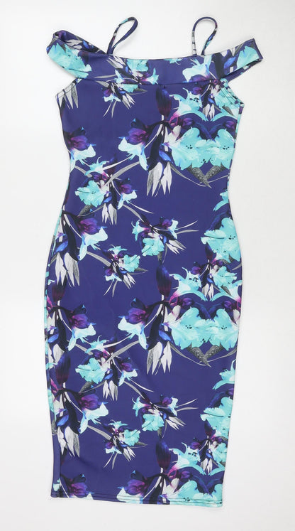 Quiz Womens Blue Floral Polyester Bodycon Size 10 Off the Shoulder Pullover