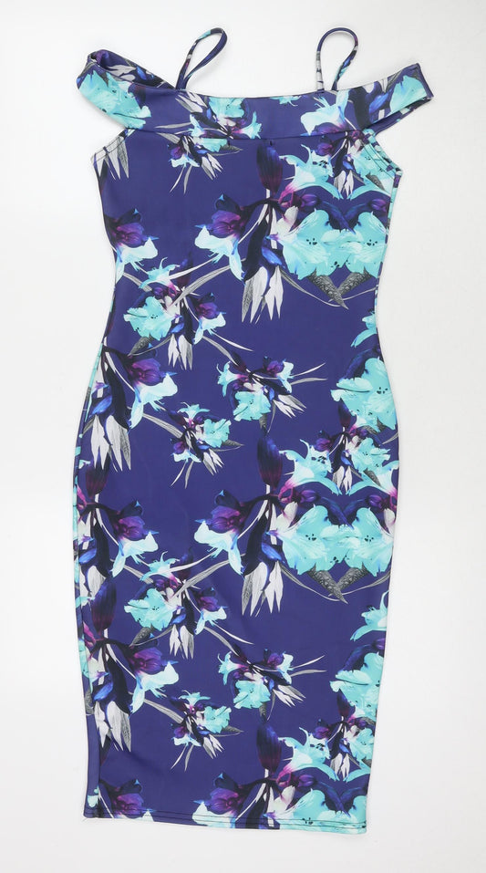 Quiz Womens Blue Floral Polyester Bodycon Size 10 Off the Shoulder Pullover