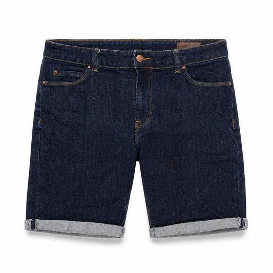 Front view of ASOS men’s blue cotton bermuda shorts, size 30, in, 10-inch leg regular zip