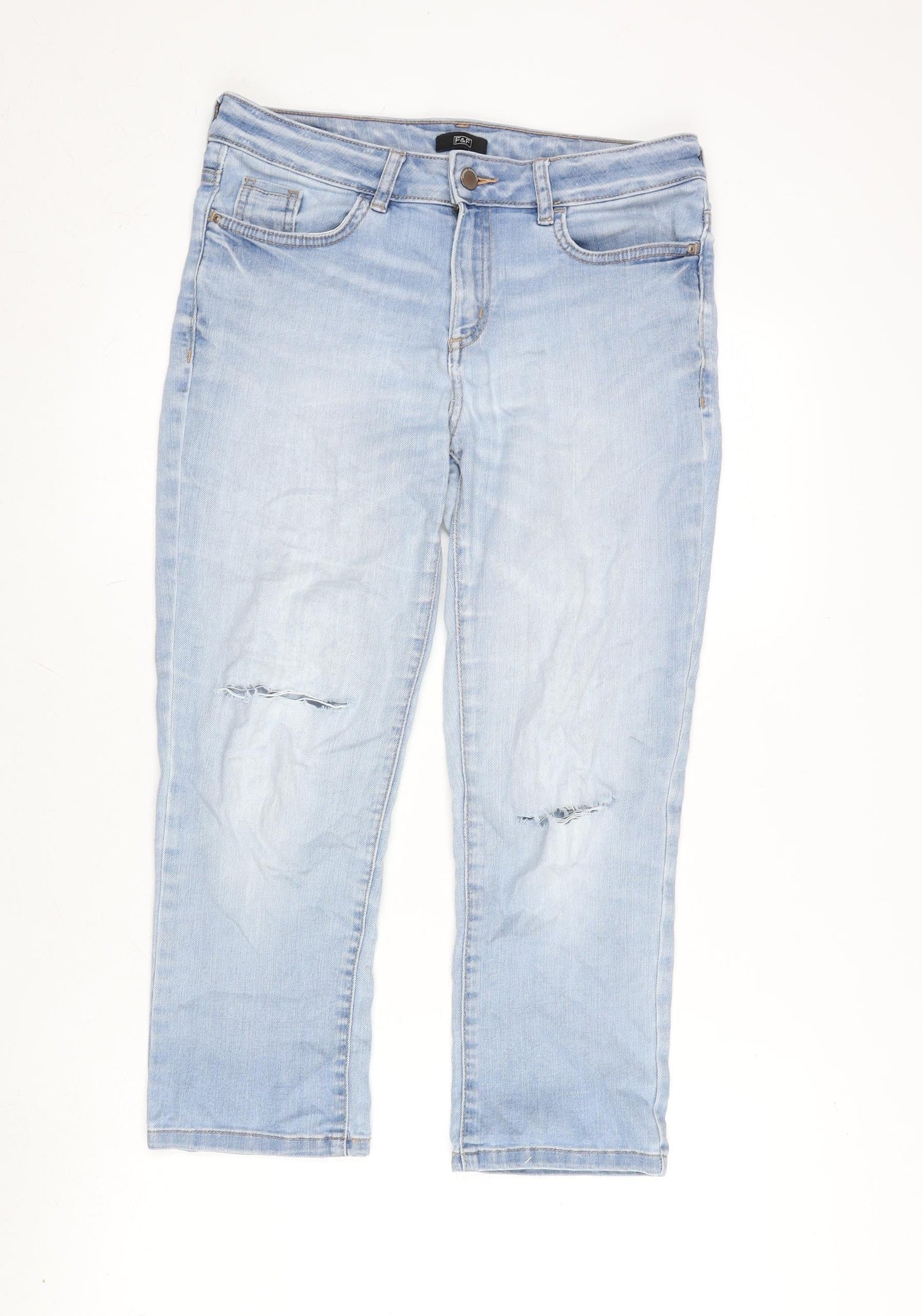 F&F Womens Blue Cotton Blend Cropped Jeans Size 10 L22.5 in Regular Zip