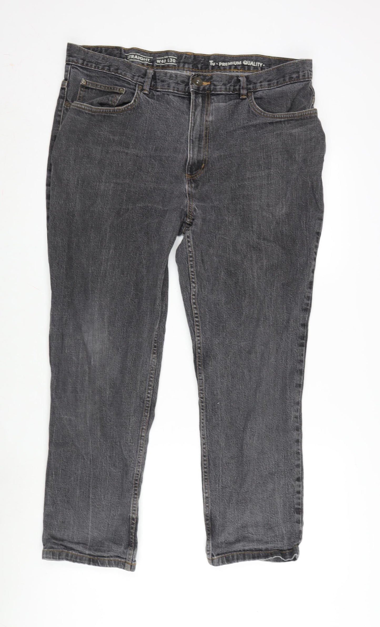 TU Mens Grey Cotton Blend Straight Jeans Size 40 in L27 in Regular Zip