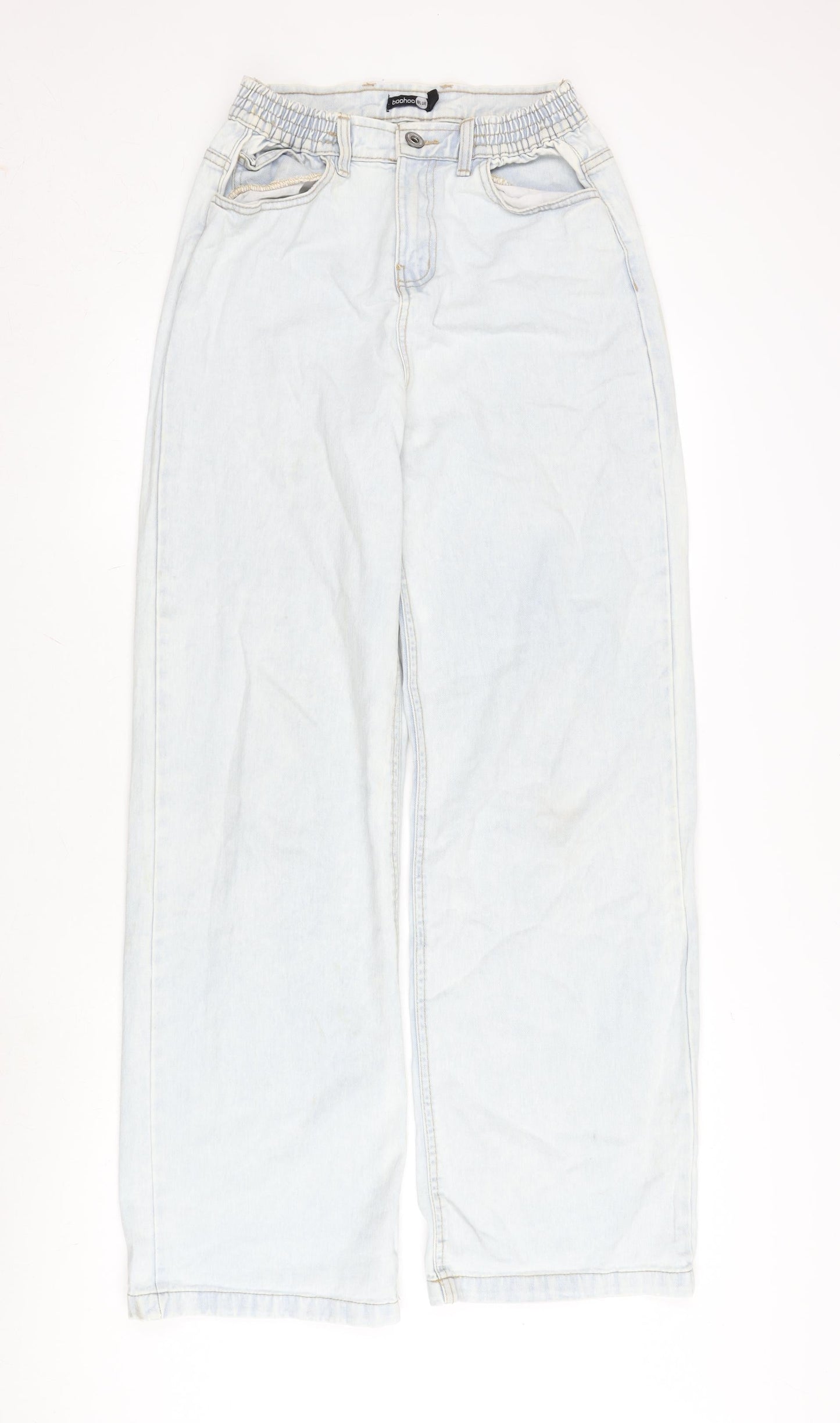 Boohoo Womens Blue Cotton Blend Wide-Leg Jeans Size 10 L33 in Regular Zip