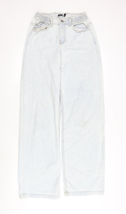 Boohoo Womens Blue Cotton Blend Wide-Leg Jeans Size 10 L33 in Regular Zip