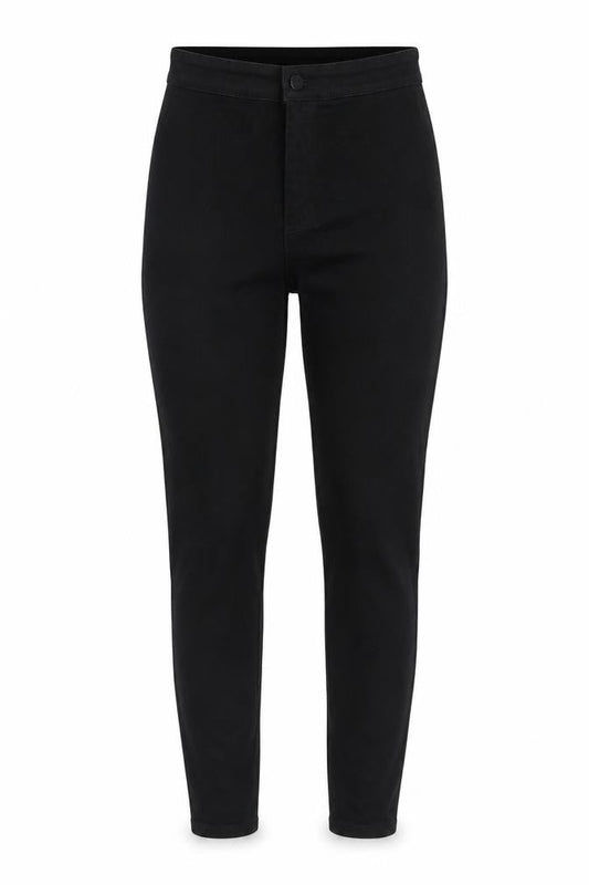 Front view of Denim & Co. women’s black cotton blend tapered jeans, size UK 10, 30-inch leg regular zip