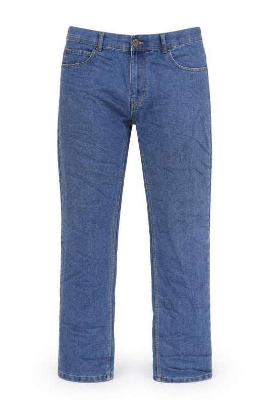 Front view of Denim & Co. men’s blue cotton blend straight jeans, size 34, in, 34-inch leg regular zip