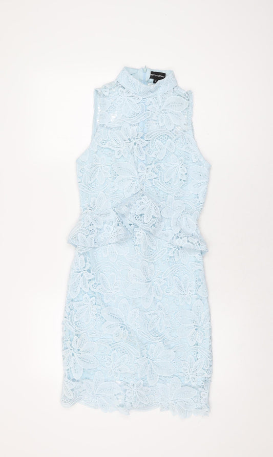 PRETTYLITTLETHING Womens Blue Floral Polyester Bodycon Size 8 High Neck Zip