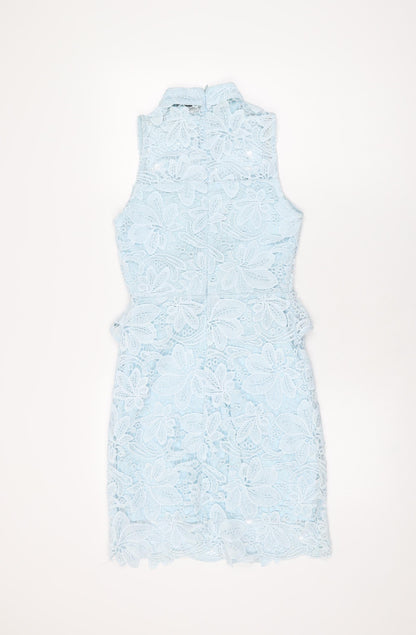 PRETTYLITTLETHING Womens Blue Floral Polyester Bodycon Size 8 High Neck Zip