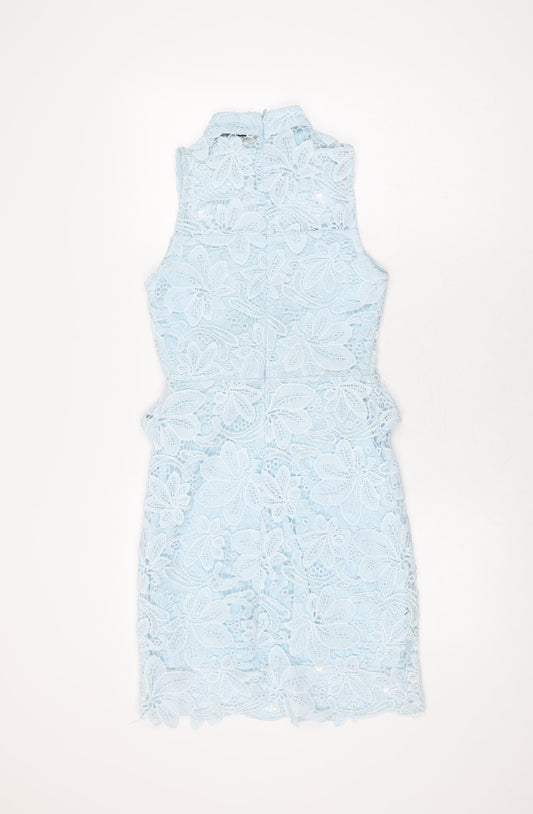 PRETTYLITTLETHING Womens Blue Floral Polyester Bodycon Size 8 High Neck Zip