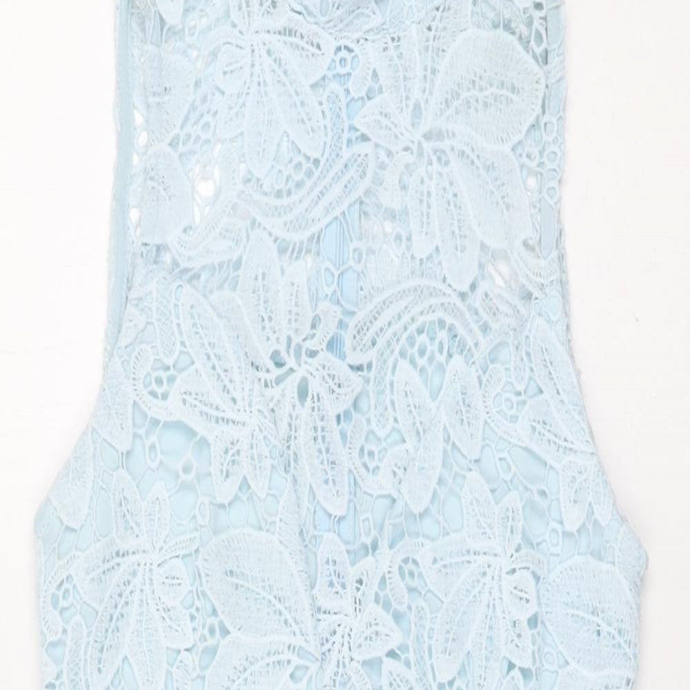 PRETTYLITTLETHING Womens Blue Floral Polyester Bodycon Size 8 High Neck Zip