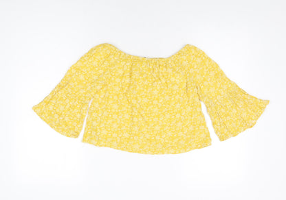 Marks and Spencer Girls Yellow Floral Viscose Basic T-Shirt Size 9-10 Years Off the Shoulder Pullover