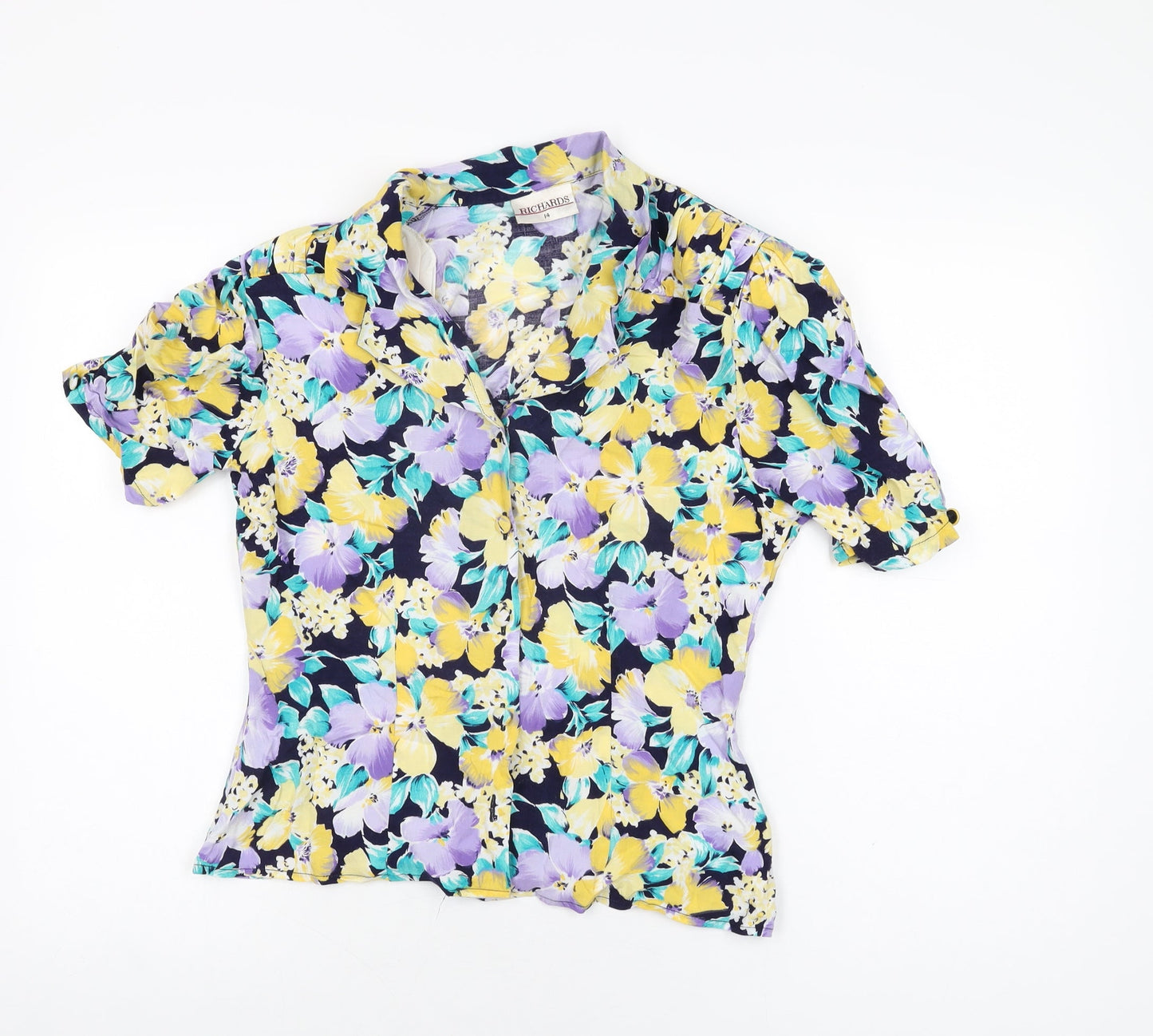 Richards Womens Blue Floral Viscose Basic Button-Up Size 14 Collared