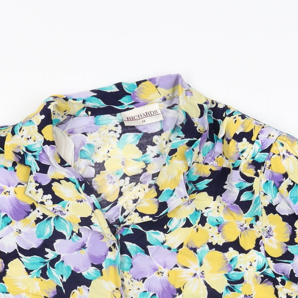 Richards Womens Blue Floral Viscose Basic Button-Up Size 14 Collared