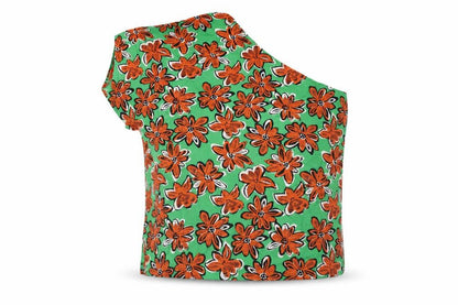 Warehouse Womens Green Floral Cotton Basic T-Shirt Size 12 One Shoulder