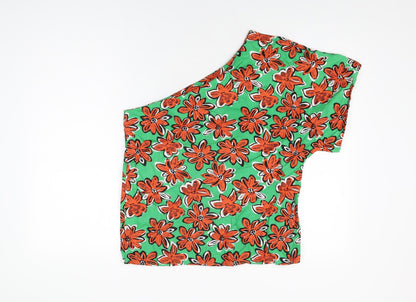 Warehouse Womens Green Floral Cotton Basic T-Shirt Size 12 One Shoulder
