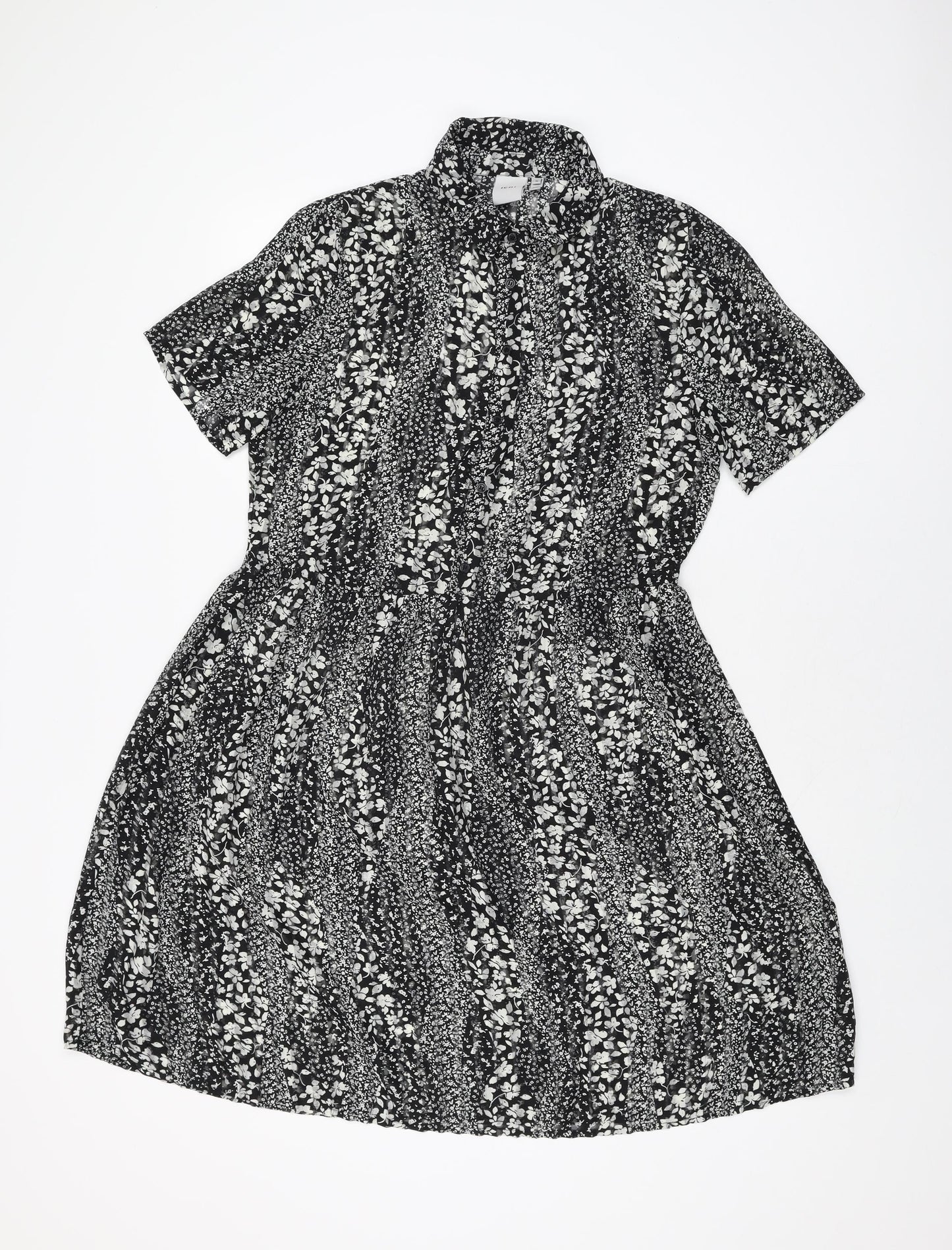 ICHI Womens Black Floral Polyester Skater Dress Size 8 Collared Button